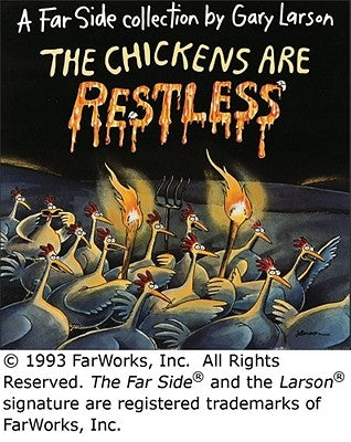 Cover image of "The Chickens Are Restless, 19" book by Andrews McMeel Publishing, featuring colorful chicken illustrations.