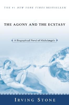 Paperback copy of "The Agony and the Ecstasy" biographical novel of Michelangelo, published by Berkley Books, shown with cover art.