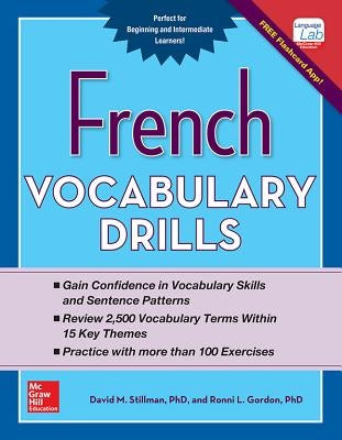 Paperback French vocabulary drills book by McGraw-Hill Companies with colorful pages and sample exercises visible.