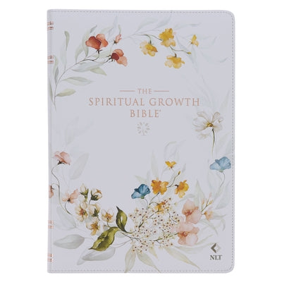 White faux leather Bible with floral print, The Spiritual Growth Bible in NLT, Study Bible by Christian Art Gifts