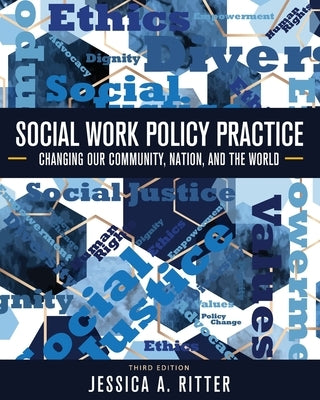 Paperback book titled "Social Work Policy Practice" by Cognella Academic Publishing, featuring a colorful cover design.