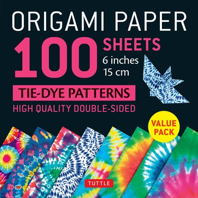 Pair of loose leaf origami paper sheets from Tuttle with tie-dye patterns, double-sided designs, and instructions for folding.