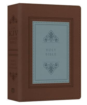 Large print KJV Study Bible with teal inlay by Barbour Publishing, showing detailed Bible pages and indexed sections.