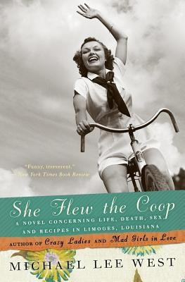 Paperback novel titled "She Flew the Coop" by Harper Perennial, featuring a cover with a scenic Limoges, Louisiana setting.