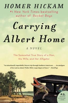 Paperback of "Carrying Albert Home" by William Morrow & Company, featuring cover art with a man, woman, and alligator illustration.