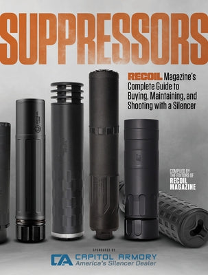 Paperback book titled "Suppressors" by Recoil, featuring a cover with images of silencers and firearms on a white background.