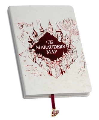 Harry Potter Marauder's Map journal with ribbon charm, paperback notebook featuring detailed map cover and gold ribbon bookmark.