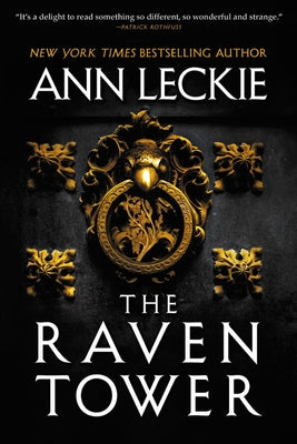Paperback copy of The Raven Tower novel by Orbit, featuring a cover with dark, mystical artwork from the fantasy book.