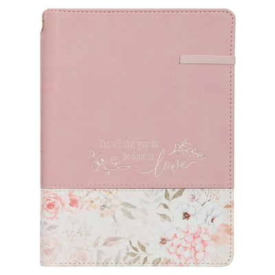 Leather Christian Art Gifts journal with built-in pen holder featuring 1 Corinthians 16:14 Bible verse, inspirational scripture writing notebook