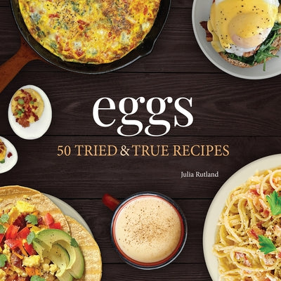 Paperback cookbook titled "Eggs: 50 Tried & True Recipes" by Adventure Publications, featuring a variety of egg recipes.