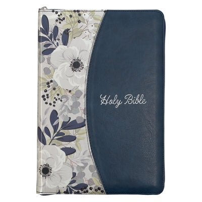 KJV Holy Bible, Thinline Large Print Faux Leather Red Letter Edition - Thumb Index Ribbon Marker, King James Version, Blue Printed Floral, Zipper Clos Christian Art Gifts