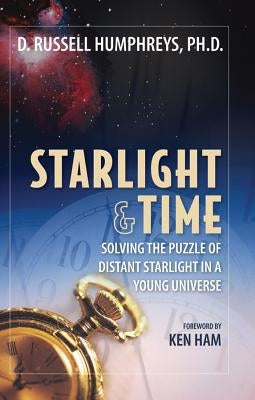 Paperback book titled "Starlight and Time" by Master Books, featuring a cosmic-themed cover with stars and a young universe illustration.
