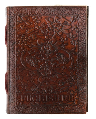Medium floral leather journal by Frobisher, LLC featuring a detailed floral embossed leather cover and blank pages inside.