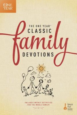 Family reading the One Year Classic Family Devotions book by Tyndale House Publishers with children around a table.