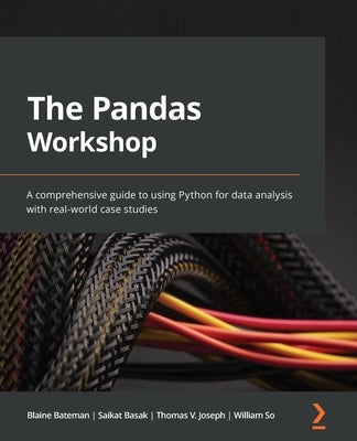 Paperback book titled "The Pandas Workshop" by Packt Publishing, featuring cover art related to Python data analysis and case studies.