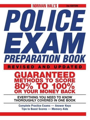 Norman Hall's police exam preparation book, paperback edition, featuring study materials and practice questions for police exams.