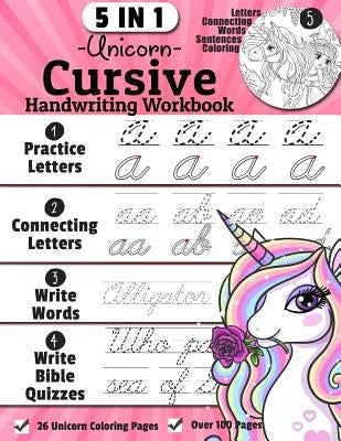 Unicorn Cursive Handwriting Workbook: 5-in-1 Cursive Handwriting Practice Books Beginning to Master For Kids: Tracing Letters, Connecting Cursive Lett Paperback Independently Published