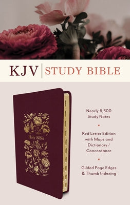 The KJV Study Bible, Indexed by Barbour Publishing, featuring a crimson bouquet cover and open pages with biblical text and study notes.
