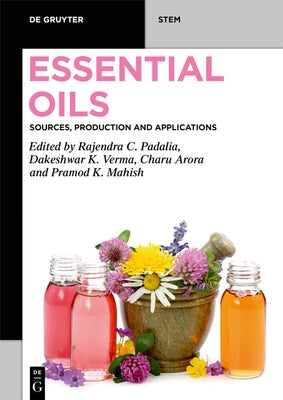 Paperback book titled "Essential Oils" by de Gruyter, with colorful botanical illustrations on the cover.