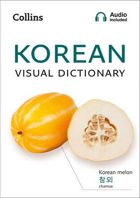 Korean Visual Dictionary by Collins showing colorful pages with Korean words and images for everyday vocabulary.