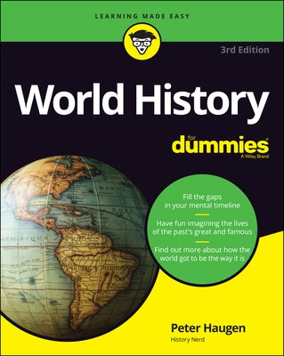 Paperback copy of "World History for Dummies" by For Dummies, showing the book cover with title and author on the front.
