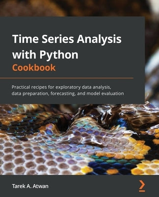 Paperback book titled "Time Series Analysis with Python Cookbook" by Packt Publishing, featuring a colorful cover design.