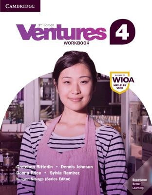 Cambridge University Press Ventures Level 4 Workbook paperback, open with colorful pages for language practice and exercises.