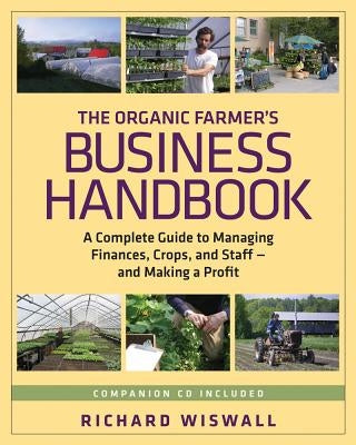 Paperback book titled The Organic Farmer's Business Handbook by Chelsea Green Publishing, with a CD-ROM included.