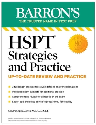 Barrons Educational Services HSPT Strategies and Practice paperback with practice tests, review, and test-taking strategies.
