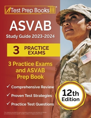 Test Prep Books ASVAB Study Guide 2023-2024 paperback with practice exams, 12th edition, featuring sample questions and test tips.