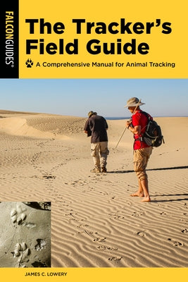 Paperback of The Tracker's Field Guide by Falcon Press Publishing showing detailed animal tracks and footprints on the cover.
