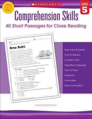 Scholastic Teaching Resources grade 5 comprehension skills book featuring 40 short passages for close reading practice.