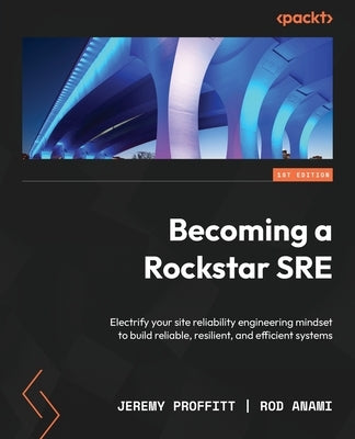 Paperback book titled "Becoming a Rockstar SRE" by Packt Publishing, featuring a cover with a vibrant design on reliability engineering.