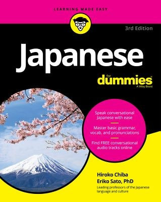 Paperback Japanese for Dummies book by For Dummies featuring a colorful cover with Japanese characters and language learning themes.