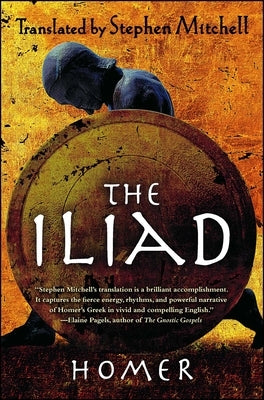 Open book showing pages of "The Iliad" by Stephen Mitchell translation, with cover visible on a wooden table.
