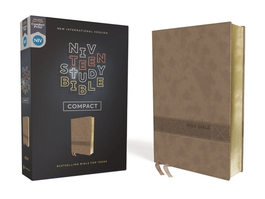 Brown Zondervan Niv Teen Study Bible in compact Leathersoft cover with Comfort Print, featuring pages and cover details.