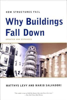 Open book titled "Why Buildings Fall Down: How Structures Fail" showing detailed illustrations of structural failures and building collapse.