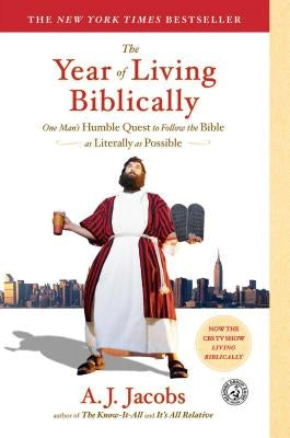 Cover of "The Year of Living Biblically" book by Simon & Schuster, featuring a colorful illustrated biblical scene on the front.