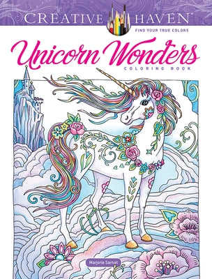 Paperback Creative Haven Unicorn Wonders coloring book by Dover Publications featuring whimsical unicorn illustrations on the cover.