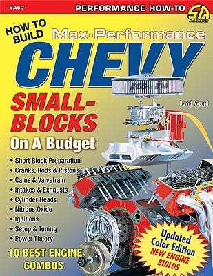 Sa Design paperback book on building max-performance Chevy small block engines on a budget, showing the book cover with engine illustrations.