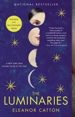 Paperback of The Luminaries by Back Bay Books featuring a cover with intricate gold and black artwork.