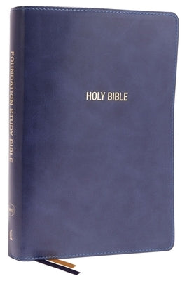 Blue leather-soft Thomas Nelson NKJV Foundation Study Bible with large print, red letter, comfort print, and Holy Bible text.