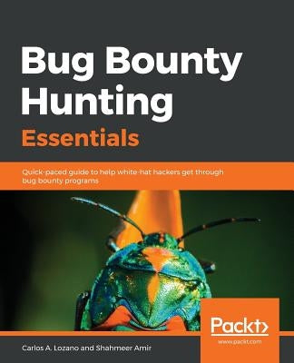 Paperback book titled "Bug Bounty Hunting Essentials" by Packt Publishing, featuring a cover with cybersecurity imagery.