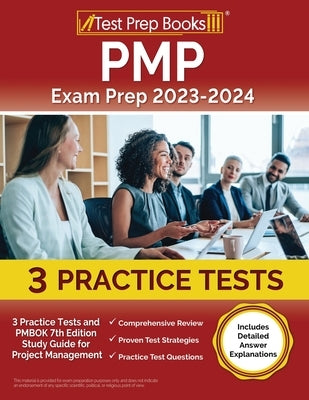 Paperback PMP Exam Prep 2023-2024 guide by Test Prep Books with practice tests, PMBOK 7th Edition, and detailed answer explanations.