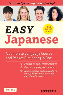 Easy Japanese language course and pocket dictionary by Tuttle Publishing, featuring a book cover with Japanese characters and text.