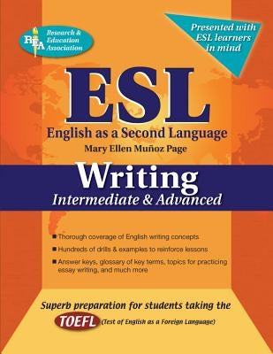 Paperback ESL Intermediate/Advanced Writing book by Research & Education Association with a white cover and text.