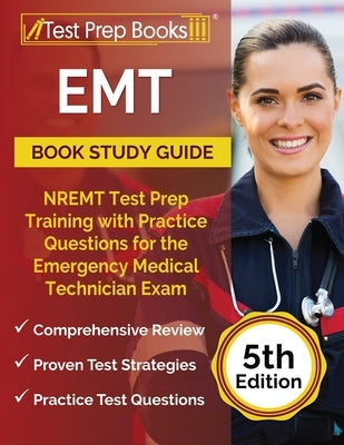 Paperback EMT study guide by Test Prep Books with practice questions for NREMT exam preparation, 5th edition.