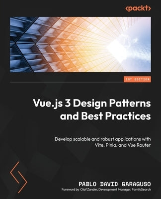 Paperback book titled "Vue.js 3 Design Patterns and Best Practices" published by Packt Publishing, featuring a Vue.js-themed cover.