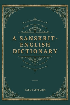 Paperback Sanskrit English Dictionary by Maven Books with open pages displaying Sanskrit and English entries.