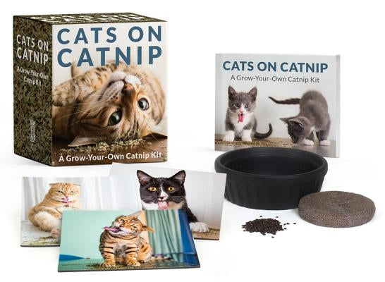 Paperback book titled "Cats on Catnip: A Grow-Your-Own Catnip Kit" by Rp Minis, featuring colorful illustrations of cats and catnip.